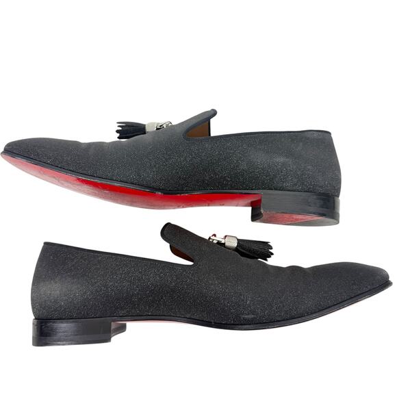 Christian Louboutin Rivalion Nylon Metallic Loafers Black Tassels Size 44